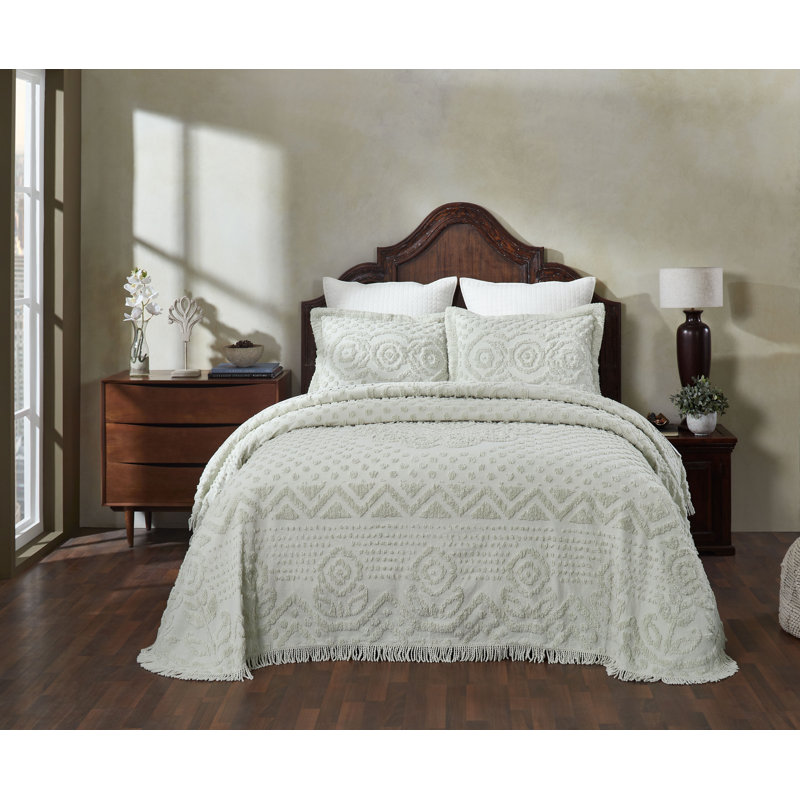 Sage Cotton Twin Bedspread with Tufted Chenille Design