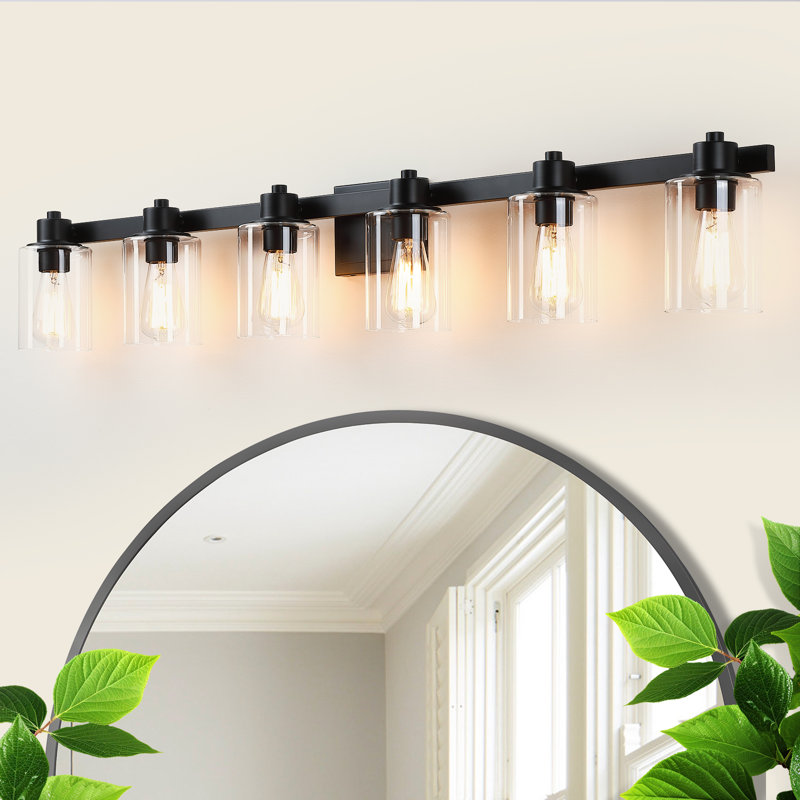 Éclairage pour salle de bain 50 po noir mat 6 lumières avec abat-jour en verre, 6 lumières, Noir mat