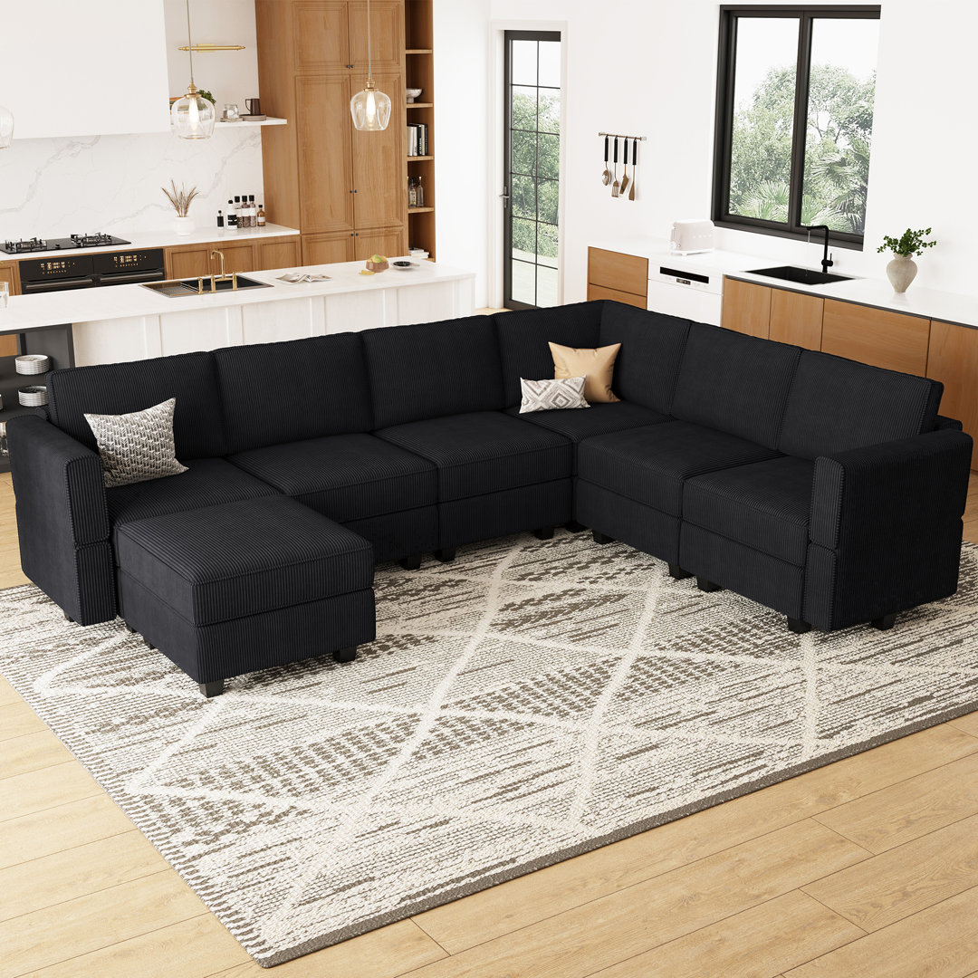 Hursey Corduroy Sofa U Shaped Couch Modular Sectional Sofa Storage Couch Livingroom Couch Sofa With Movable Storage Ottoman Everly Quinn Body 