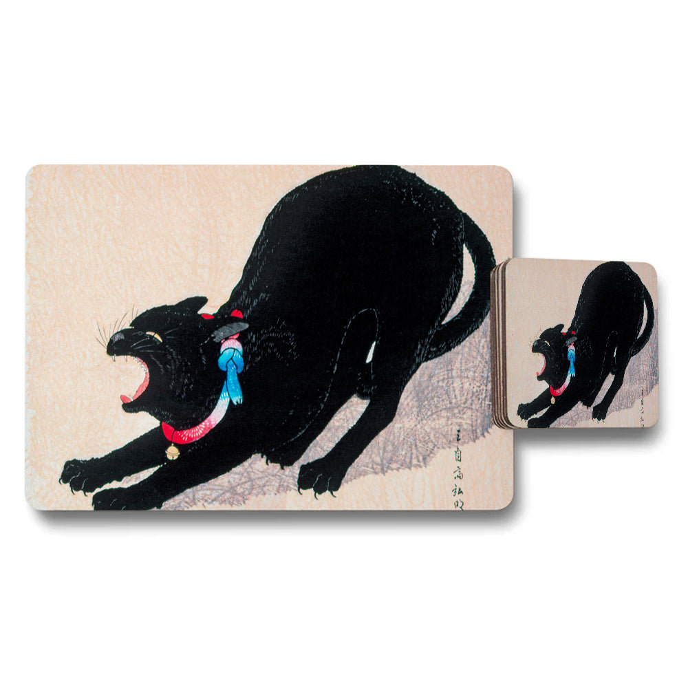 Black Cat Coaster and Placemat Set With Japanese Artwork