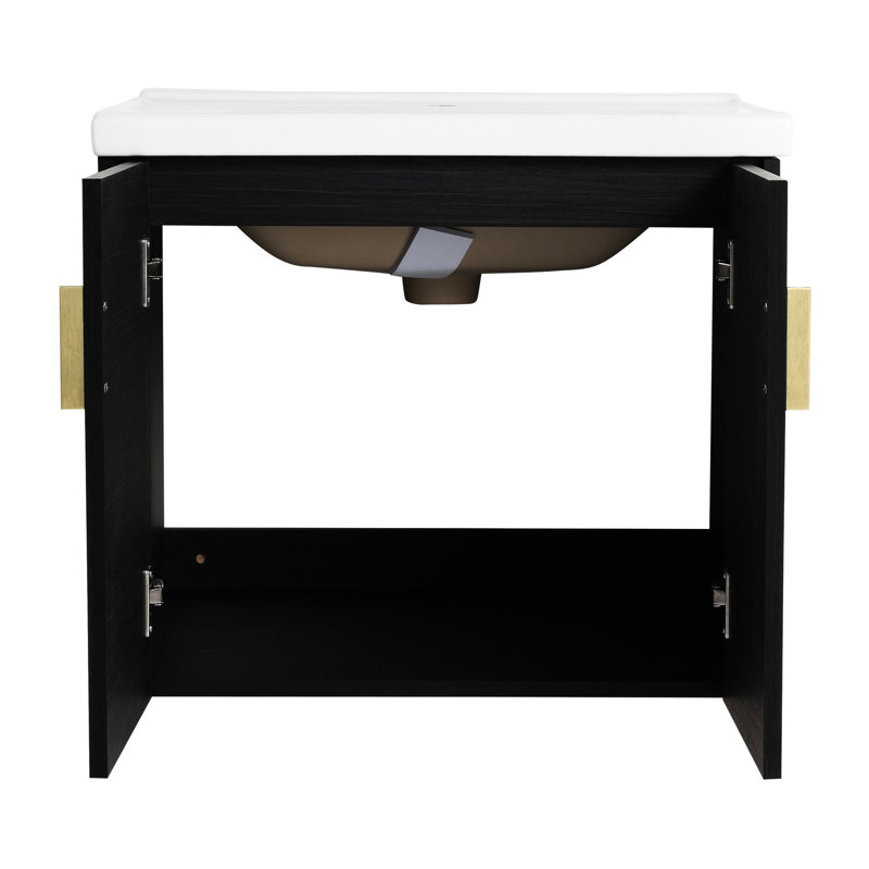 Meuble-lavabo de salle de bain 24 po - Châtaignier noir, fixation murale, optimisation de l'espace avec lavabo, finition châtaignier, design moderne, rangement à 2 portes, lavabo en céramique, poignée en métal durable