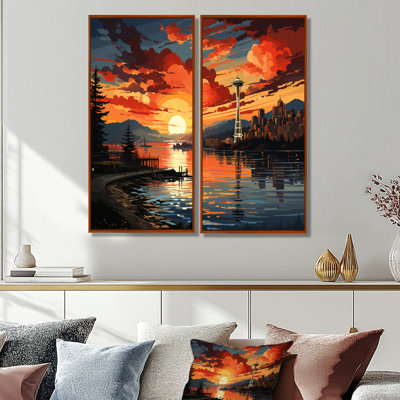 Orange Yellow City Seattle Popart - Large Seattle Canvas Wall Art Set Of 2
