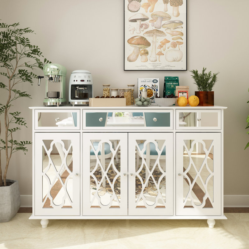 Amiee 55.1'' Wide 3 Drawer Mirrored Door Sideboard, White