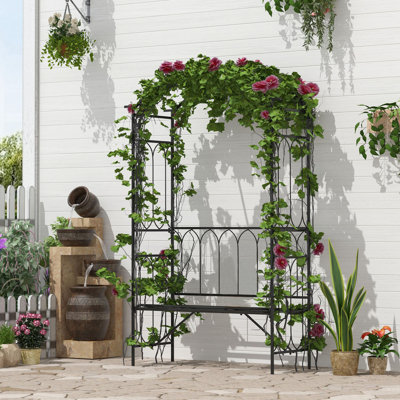 Outsunny Metal Trellis Arbor Arch For Climbing Plants With Garden Bench, Grow Grapes & Vines, Patio Decor & 2-Person Outdoor Steel Decorative Seating, 484 Lbs. Weight Capacity, Black