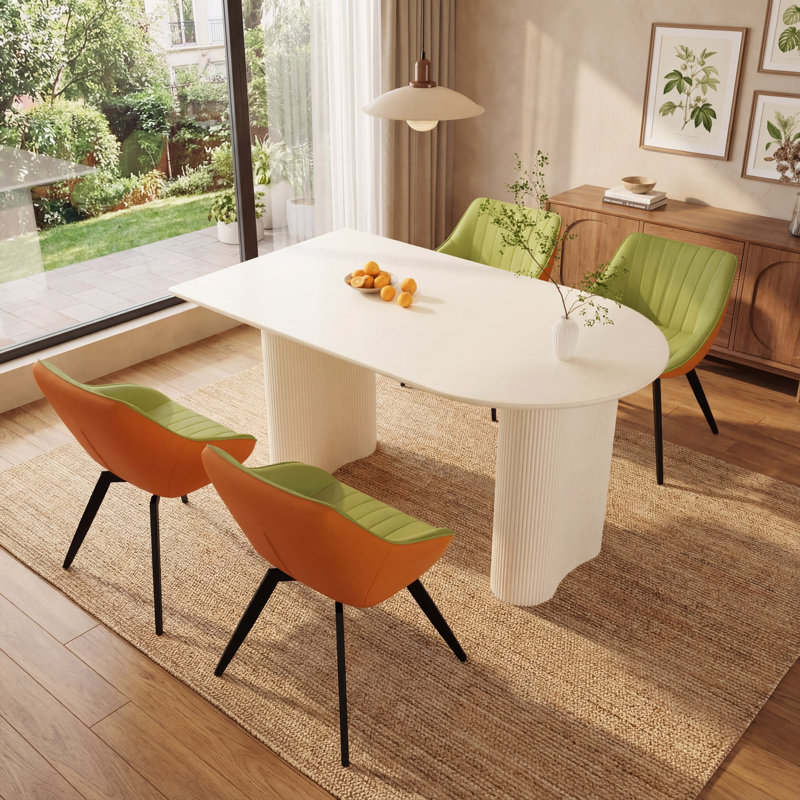 Ensemble de salle à manger 5 pièces avec plateau en panneau de fibres à densité moyenne crème et 4 chaises à haut dossier en polyuréthane vert médiéval