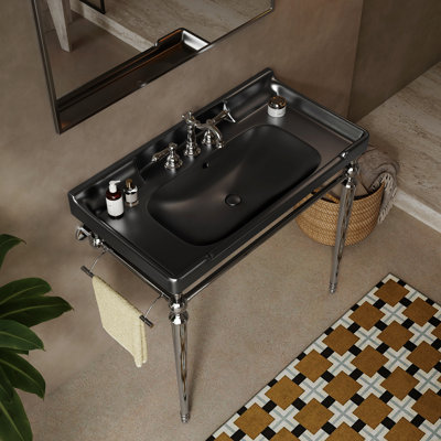 36" Bathroom Console Sink, Wall-Mounted Black Ceramic Vanity Basin With 3 Pre-Drilled Faucet Holes, Freestanding Stainless Steel Support Legs With Towel Bar, No Faucet & Sink Cover, Chrome Color