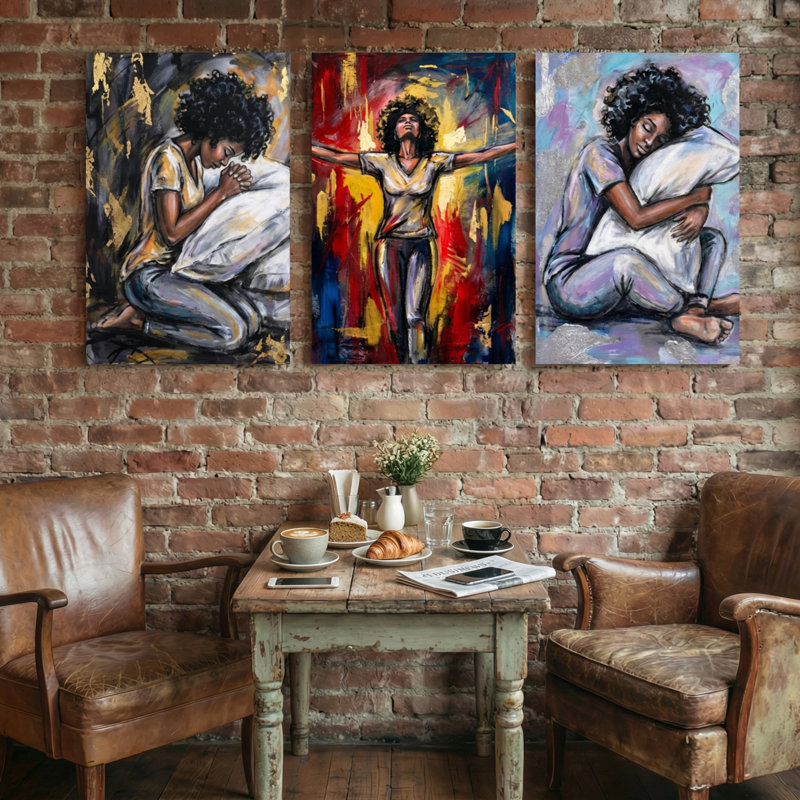 Abstrait femme à trois panneaux, ensemble de 3 reproductions d'art sur toile, H 24 po x l 48 po