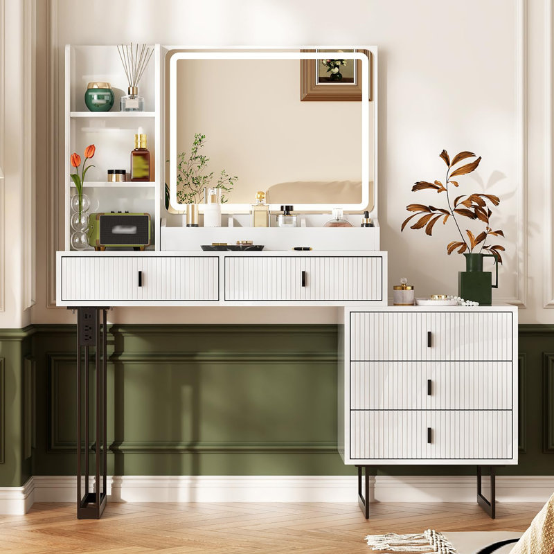 Large Vanity Desk with 3 Color Touch Screen Dimming Mirror, Vanity Desk with Charging Station, Modern Retractable Makeup Dressing Table, Makeup Table With storage shelves and 5 Sliding Drawers