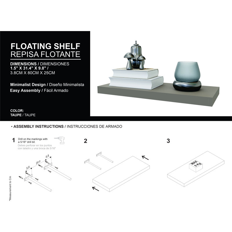 Floating Shelf Lyle, Living Room, Pine, Light Gray, 1.5" H x 31.5" W x 9.8" D