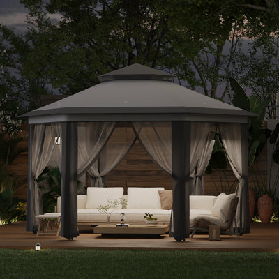 13' Pop Up Gazebo, Hexagonal Canopy Shelter with 6 Zippered Mesh Netting, Event Tent with Strong Steel Frame