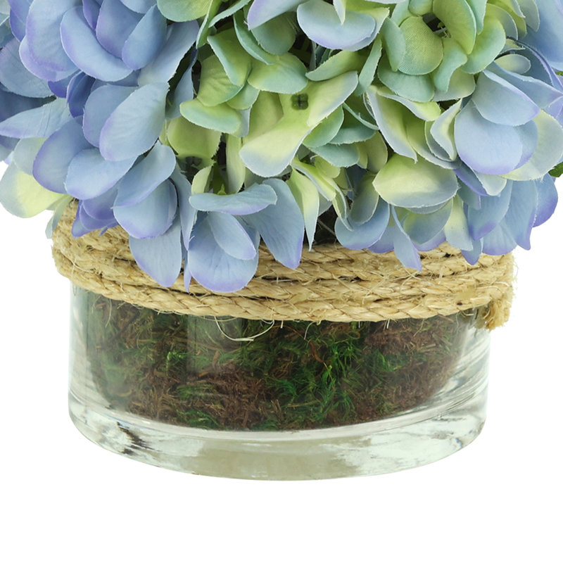 Cream Hydrangea in Rope Glass Vase, Light Blue/Yellow