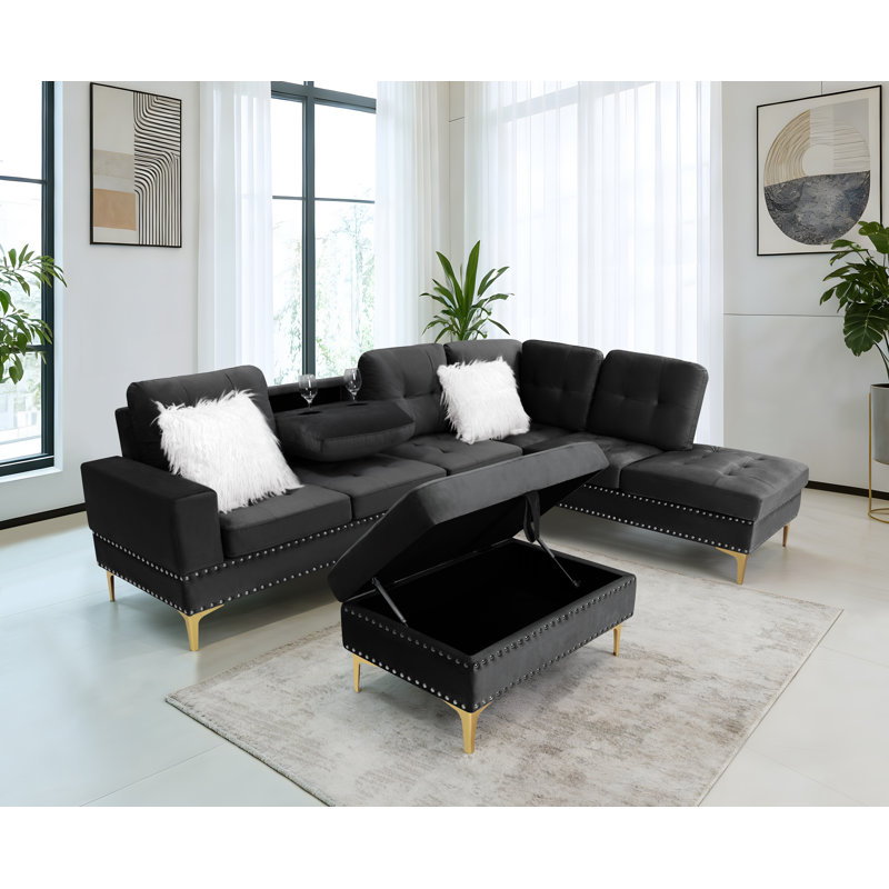 Canapé modulaire rembourré en L avec table cachée, Noir, Non