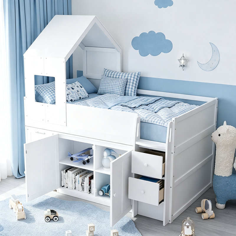 Lit mezzanine en bois pour une personne avec bureau, tiroirs et placards pour un espace de vie organisé et peu encombrant