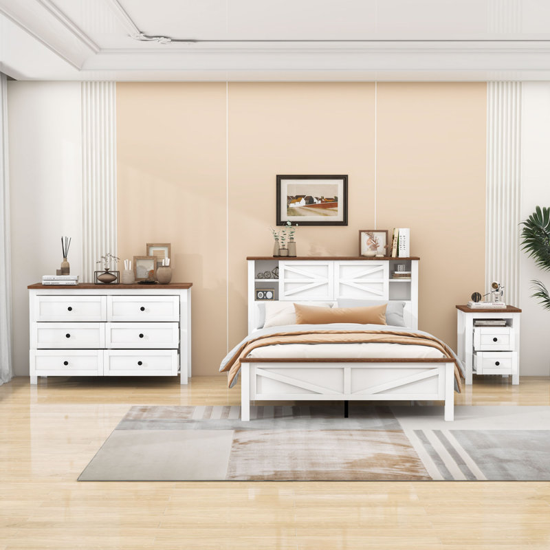 Ensemble de chambre à coucher 3 pièces Berty, Blanc, brun, Complète
