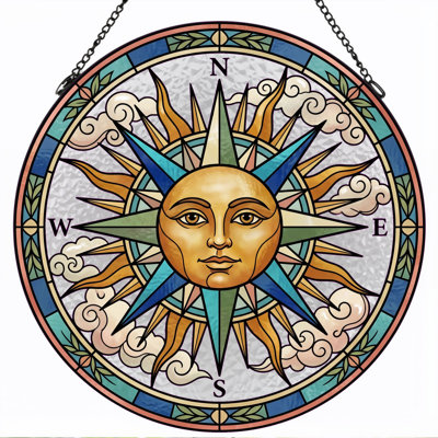 Sun Compass Stained Glass Window Panel，12"H