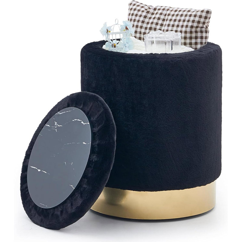 Repose-pieds rond en velours avec rangement, Noir