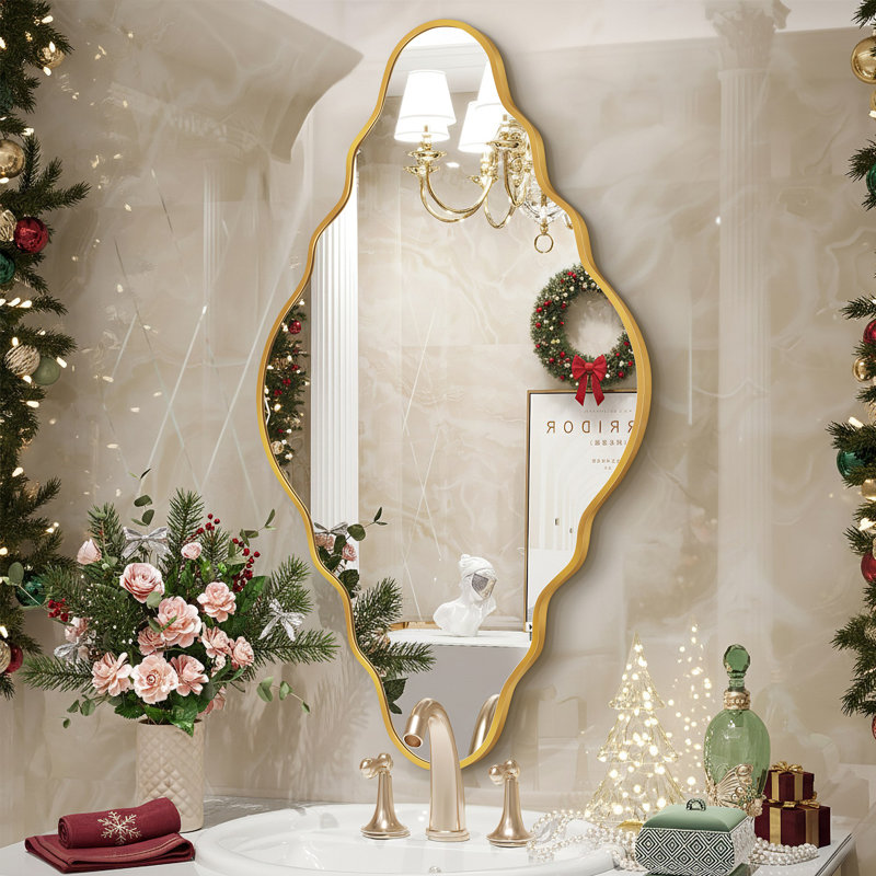 Miroir d'appoint mural irrégulier en métal asymétrique pour salle de bain, Doré, 41,7 po x 26 po