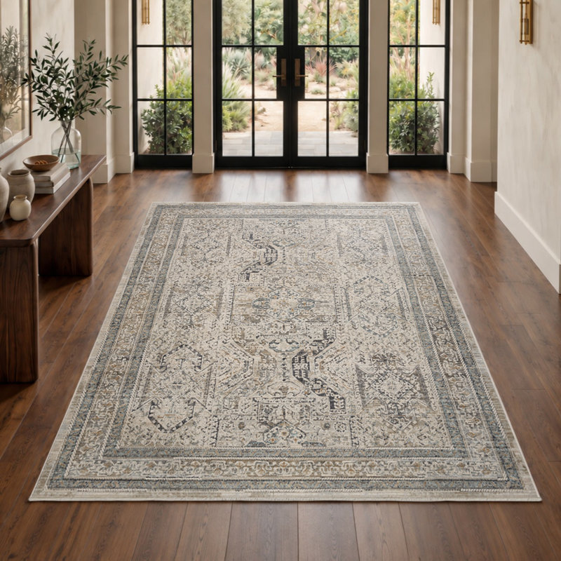 Tapis tissé à la machine rectangulaire de style oriental gris et brun clair, Rectangle 5 pi 3 po x 7 pi 10 po
