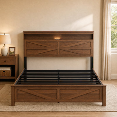 Platform Bed Frame with LED Headboard, Charging Station, Hidden Storage, No Box Spring Required