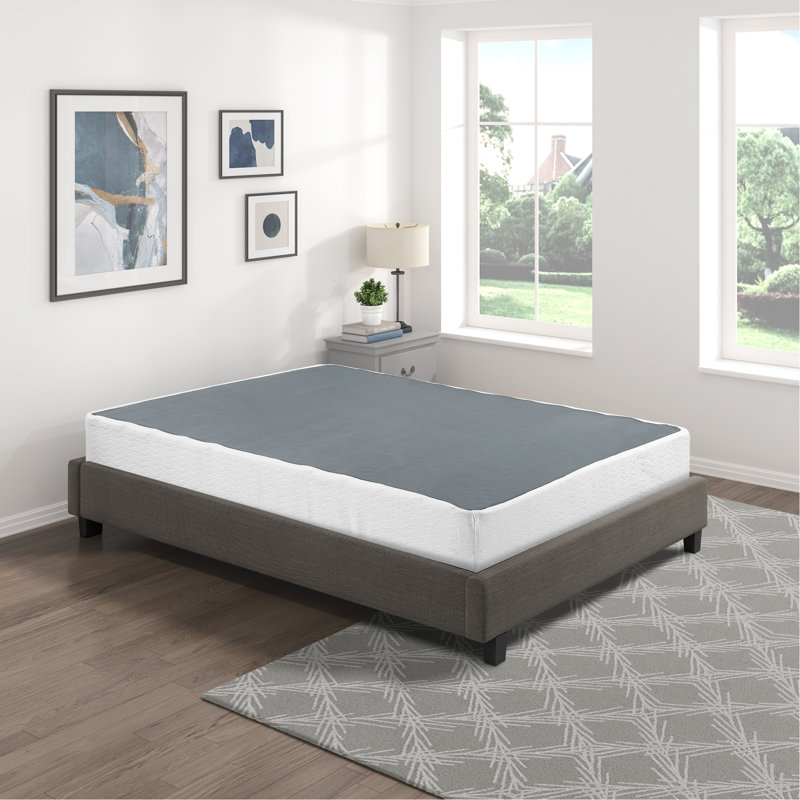 Support de matelas pour grand lit à structure en métal noir avec housse en tissu texturé et support à 12 lattes, capacité de 700 lb, assemblage facile, hauteur de 8,5 po, structure de 8,5 po de hauteur