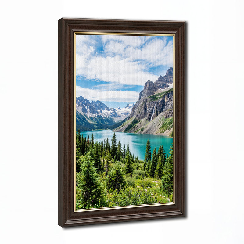 «Turquoise Lake and Pine Trees with Mountain Waterfall», art mural, H 18 po x l 12 po