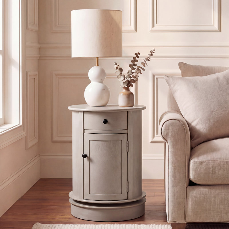 Table de bout cylindrique pivotante en bois massif avec rangement Regan, Gris rétro