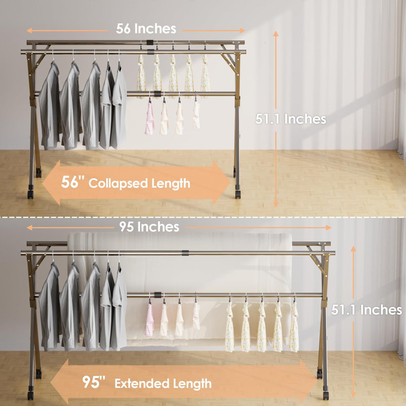 95-Inch Stainless Steel Foldable Clothes Drying Rack with Wheels