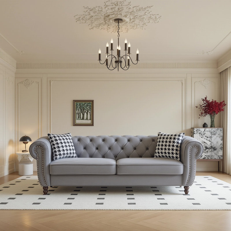 Canapé en tissu 87 po Chesterfield, Gris, H 29 po x l 87 po x P 33 po