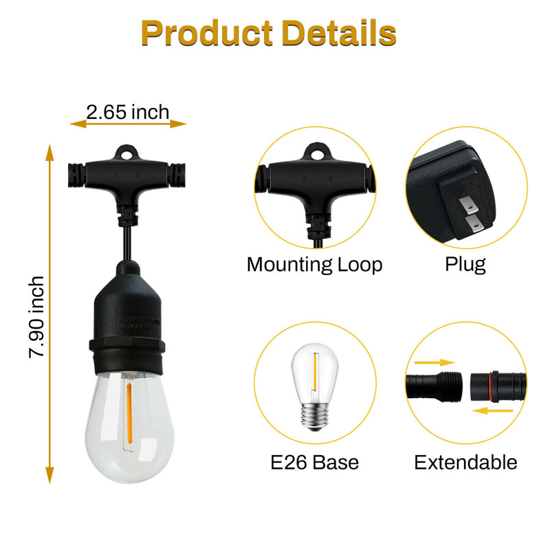 24 Ft. Black Filament String Light 12 Bulbs, Connect Up To 6