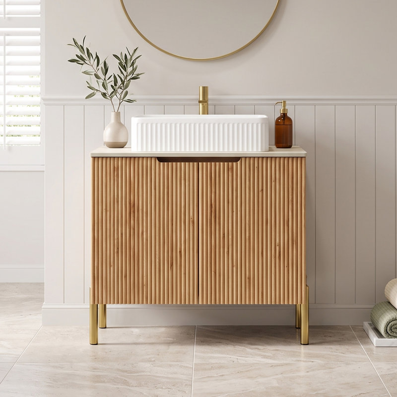 Meuble-lavabo moderne autoportant 30 po naturel avec lavabo rectangulaire en céramique, comptoir en pierre frittée à motif de travertin Roma, armoire de rangement avec 2 portes (sans robinet)