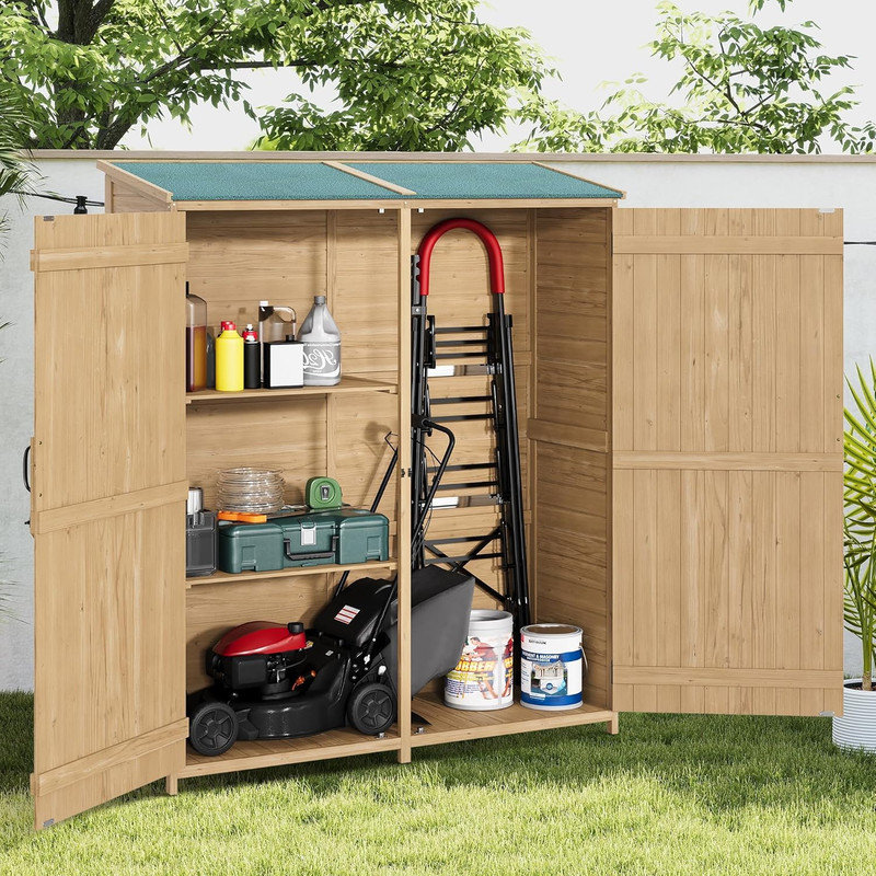 10'x 10'Wooden Outdoor Storage Cabinet with Waterproof Roof & Lockable Doors, 2 Shelves Tool Shed for Yard/Garage
