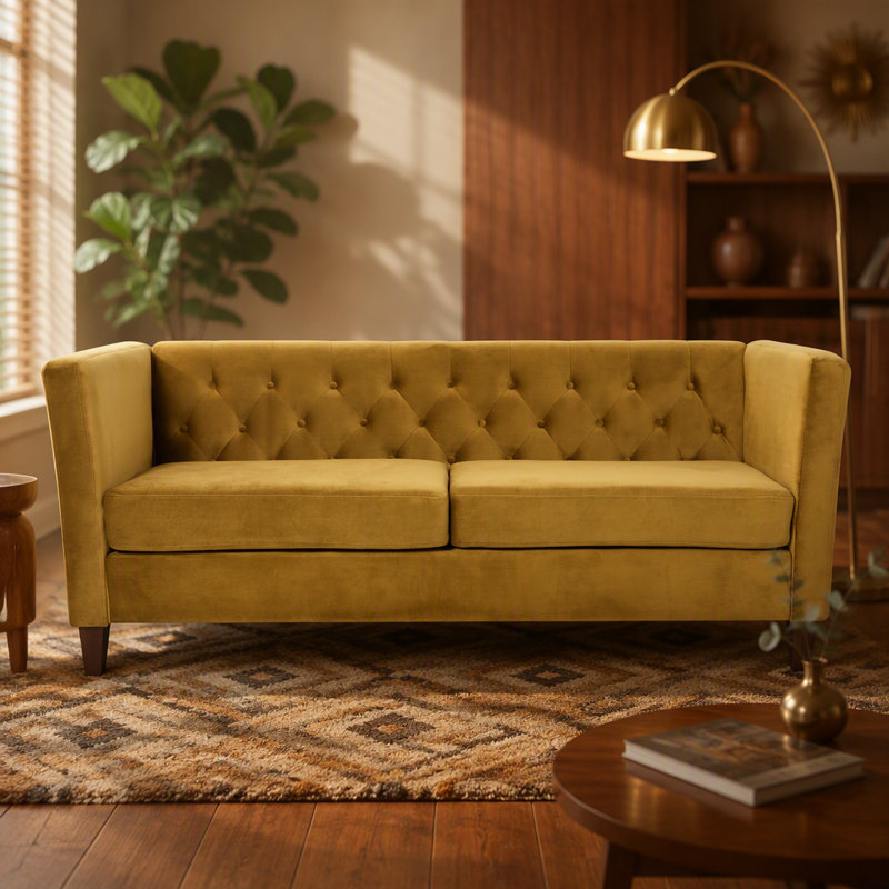 Canapé 3 places en velours capitonné avec pieds fuselés en bois, Mustard yellow Polyester