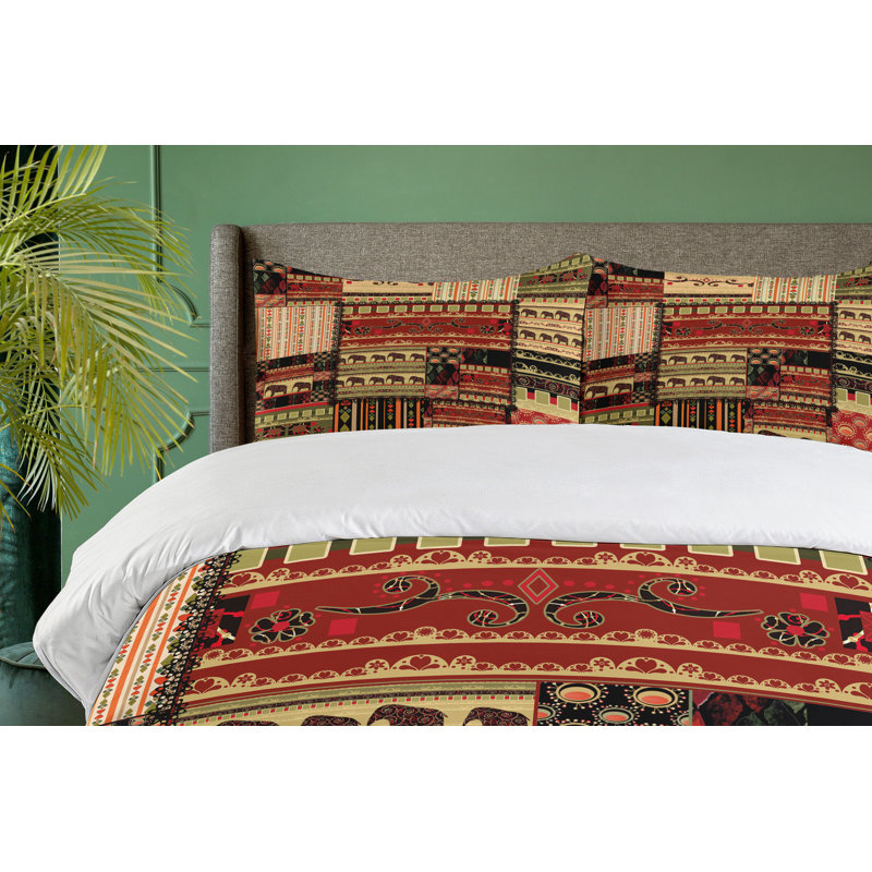 Queen Red Green Black Patchwork Elephant Duvet Set