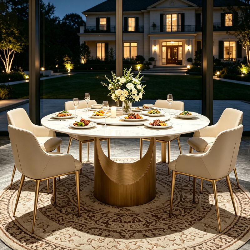 Modern Round Dining Table for 6-8, Glossy Sintered Stone Table top, Luxury Kitchecn Table with Bronze base