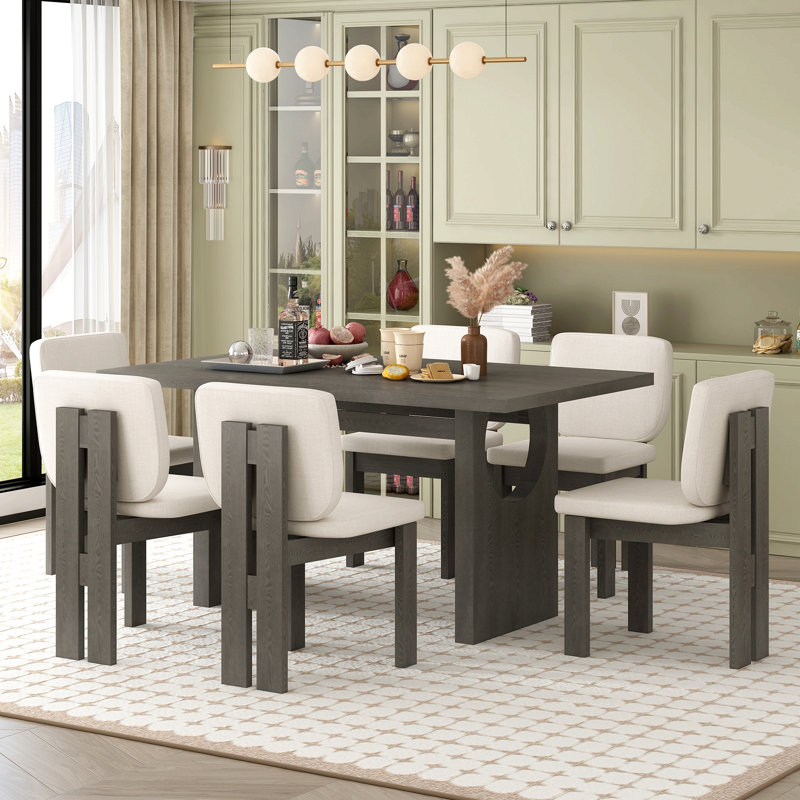 7-Piece Retro Dining Set, 1 Rectangular Table With Designed Trestle Base And 6 Upholstered Chairs For Dining Room And Kitchen
