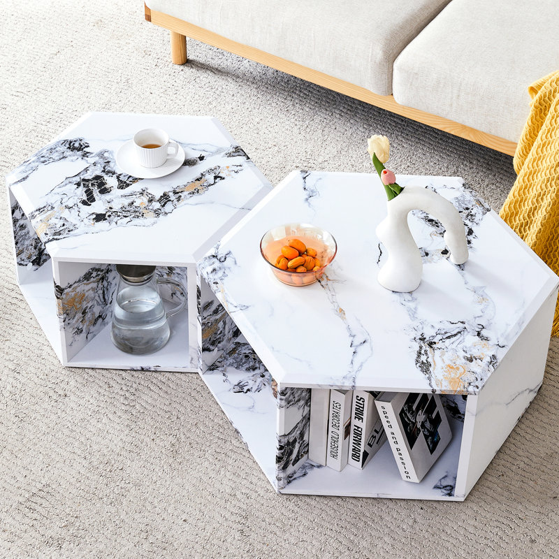 Table basse hexagonale, finition blanche, design de rangement fonctionnel, assemblage sans tracas - élégance et