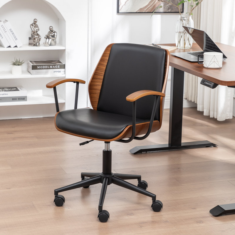 Bryonie Faux Leather Upholstered Office Chair With Bent Wood, Black