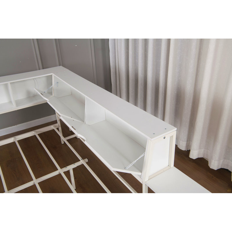 Structure de lit d'angle pour lit simple avec bibliothèque et 2 tiroirs de rangement sous le lit, lit moderne avec lumière DEL et station de charge, interchangeable gauche et droite, blanc
