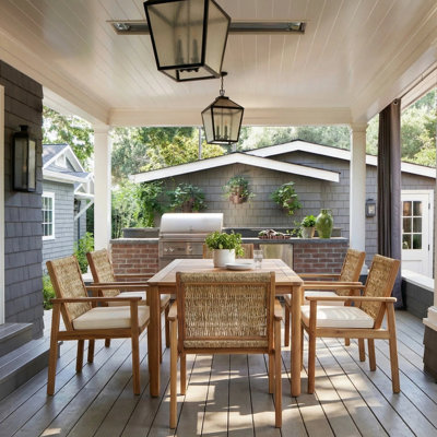 Ullman 7-Piece Outdoor Modern Coastal Acacia Wood Dining Set With Wicker Chairs And Cushions