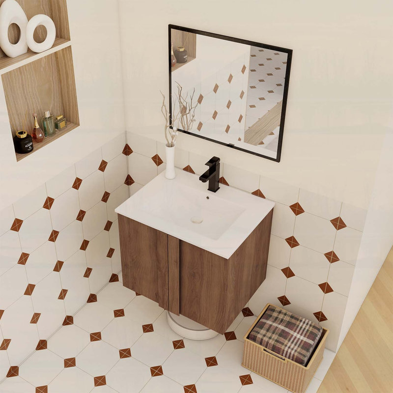 Meuble-lavabo mural avec lavabo, portes à fermeture douce, rangement peu encombrant, Brun ébène / blanc brillant