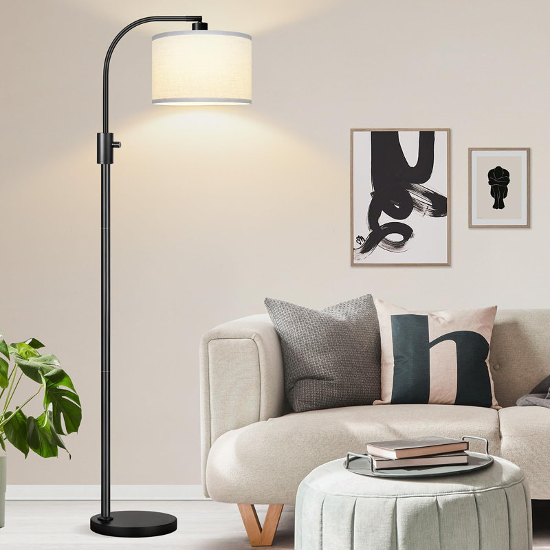 Dimmable LED Arc Floor Lamp With Linen Shade, 1200 Lumens, 0-100% Brightness, Rotatable Lamp Head, Black