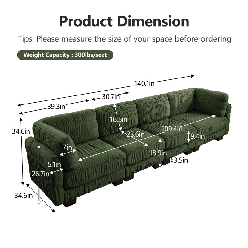 Canapé d'angle modulaire avec détails froncés sur l'assise, L 140,1 po, Green Chenille
