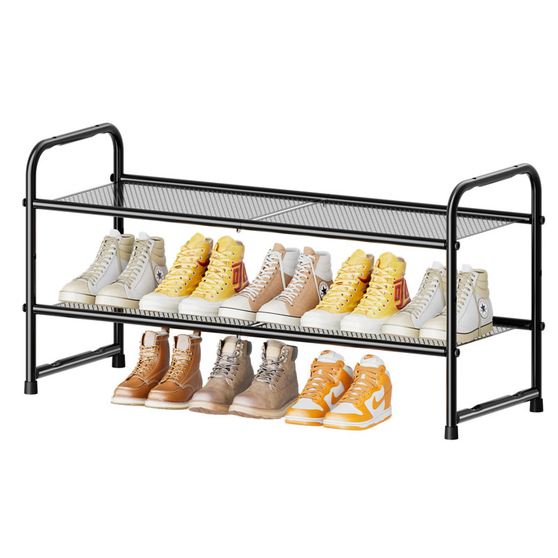 32'' Wide 2-Tier Metal Mesh Shoe Rack for Closet, Stackable and Adjustable, Good for High Heels, Black