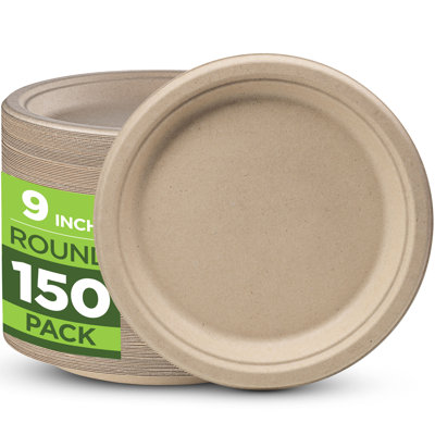 Paquet de 150 assiettes en papier blanc compostable de 9 pouces, assiettes jetables biodégradables robustes