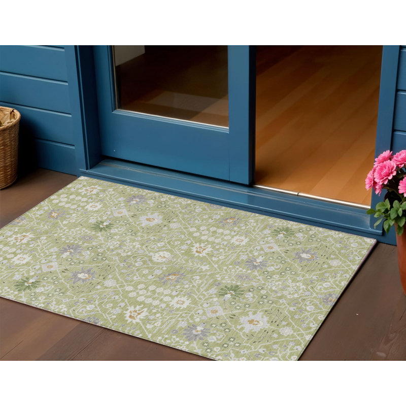 Tapis intérieur / extérieur oriental lavable 3 pi x 5 pi vert et gris artichaut