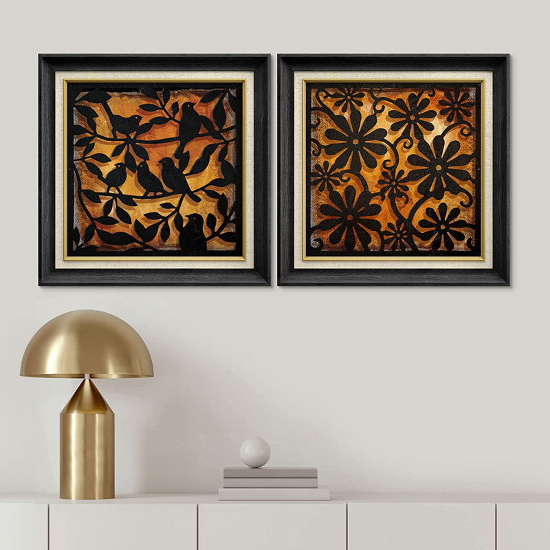 Automne, fleur noire et orange - ensemble de 2 peintures sur toile encadrées, Noir