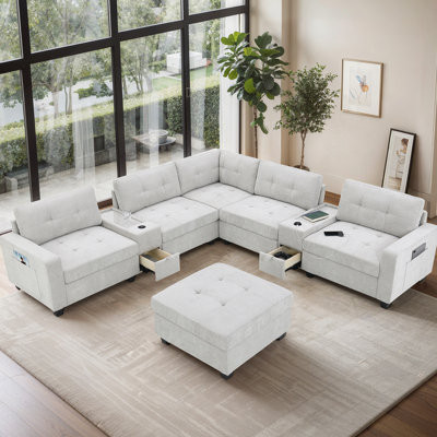 Canapé modulaire avec plateau en acrylique, ensemble de canapé en U en chenille avec consoles, chargeur USB, rangement et repose-pieds mobile pour le salon