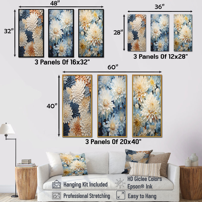 «Garden Bliss Mums» en blanc et bleu - ensemble de 3 impressions murales «Mums», Cadre flottant noir, H 28 po x l 36 po