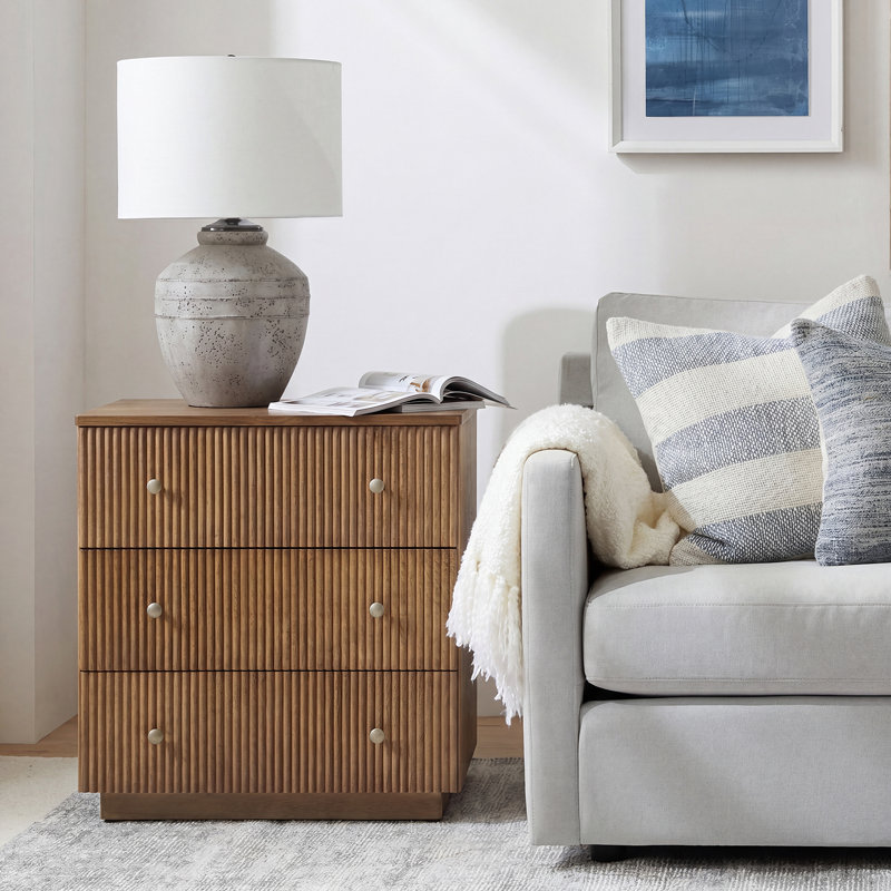 Kaybri 26''W Modern 3-Drawer Fully Assembled Fluted End Table with Solid Wood and Charging Station, Acorn