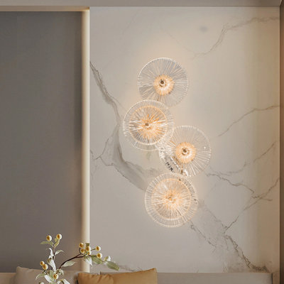Modern 4-light Glass Wall Sconce In Brushed Brass Finish, Artistic Round Crystal Shades With Warm Led For Living Room & Hallway